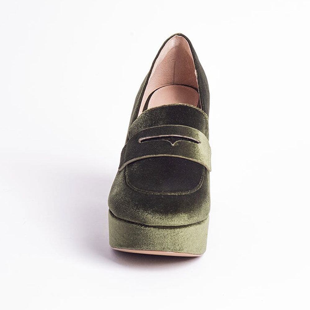 FSJ Olive Velvet Round Toe Block Heeled Loafers with Platform