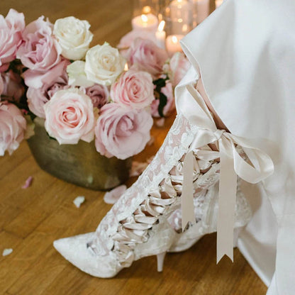 Ivory Lace Wedding Heels Pointed Toe Ribbon Strappy Knee High Boots