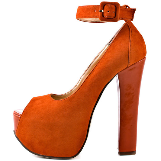 Women's Orange Vegan Suede Ankle Strap Peep Toe Platform Pumps