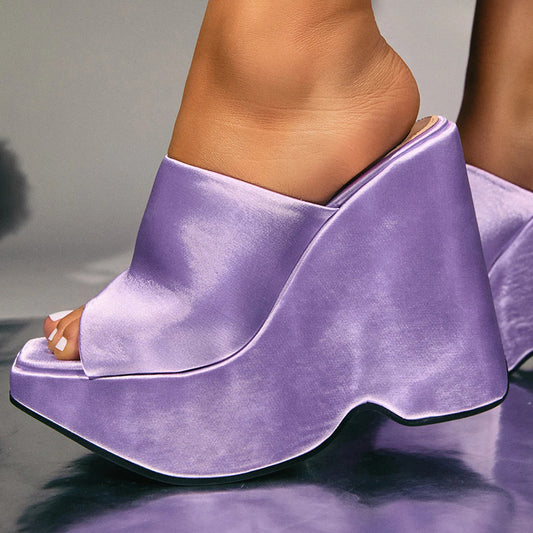 Women's Purple Satin Wedge Heels Square Toe Wide Band Platform Mules