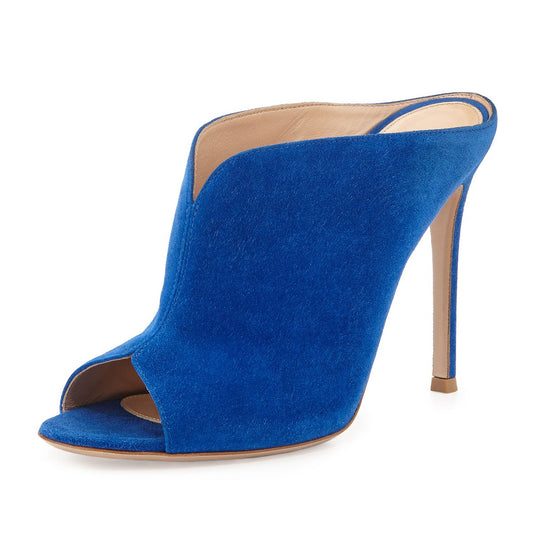 Cobalt Blue Peep Toe Vegan Suede Stiletto Heel Mules for Women