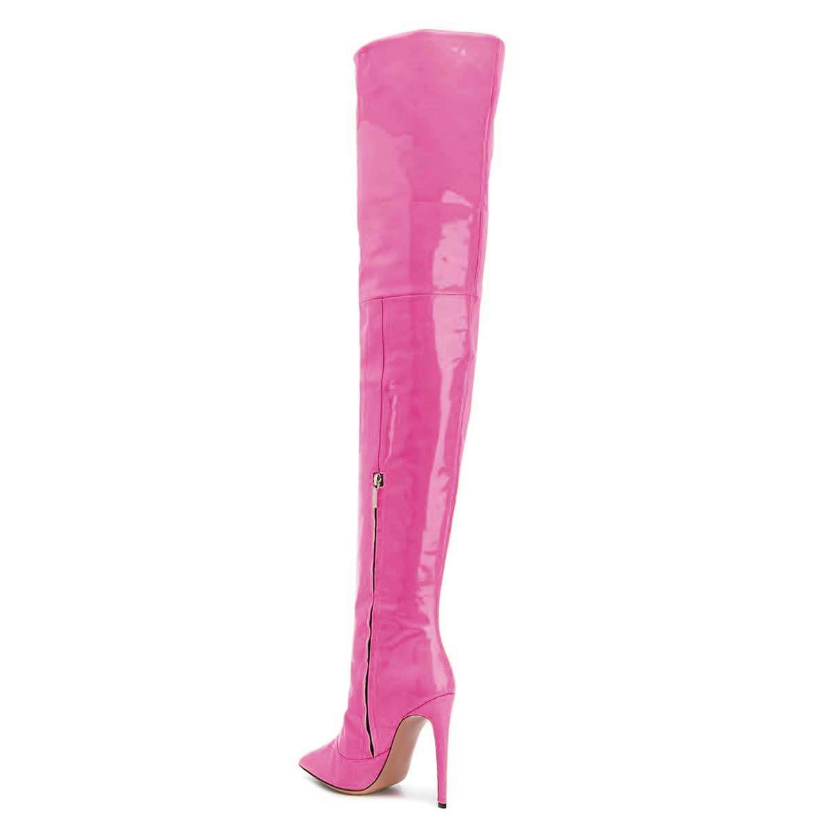 Y2K Hot Pink Patent Leather Thigh High Heel Boots