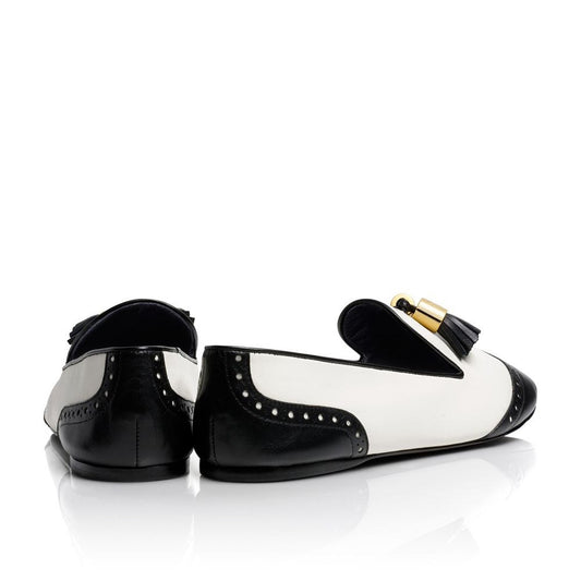 Black and White Flat Women's Loafers Tassels Round Toe Wingtip Shoes