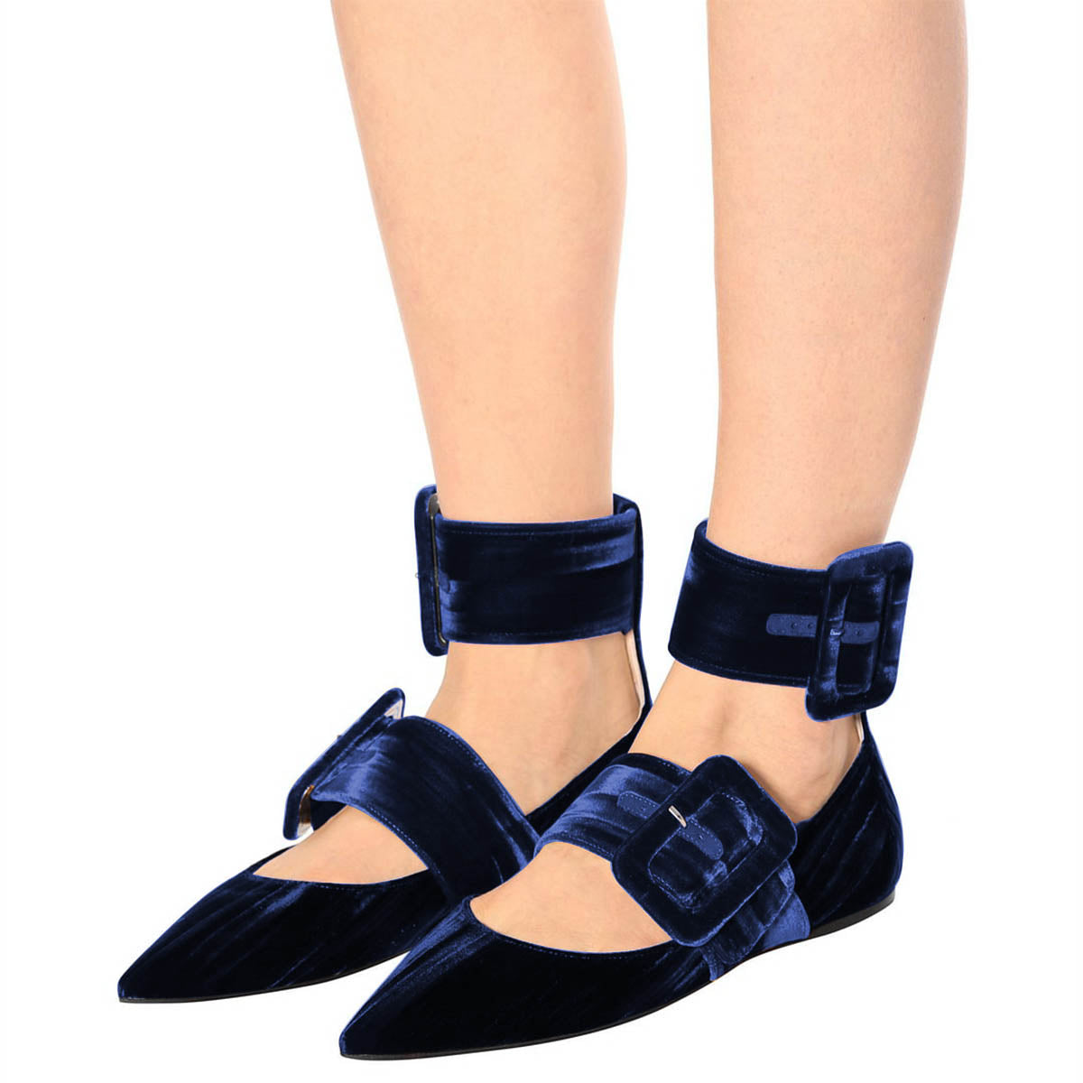 Velvet Ankle Strap Buckled Pointed Toe Mary Jane Flats in Blue