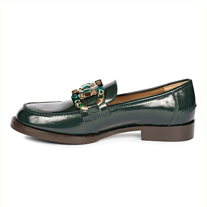 FSJ Luxurious Dark Green Round Toe Jewelry Flat Horsebit Loafers