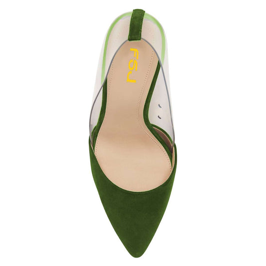 Women's Green transparent PVC Vegan Suede Chunky Heels Pumps by FSJ