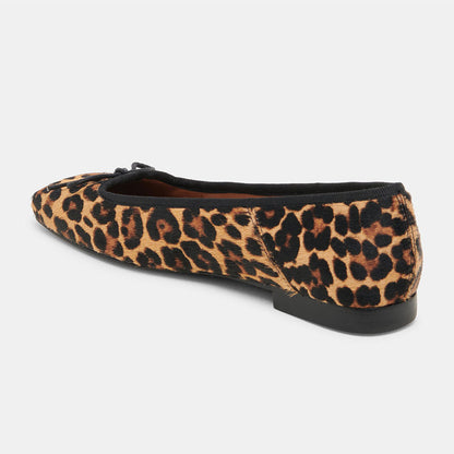 Brown Leopard Printed Square Toe Ballet Flats with Bow Strap