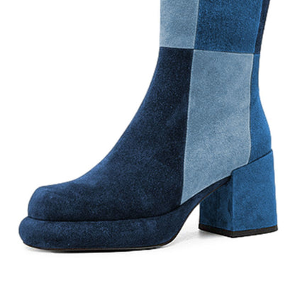 Blue Color Block Round Toe Chunky Heel Platform Zip Knee High Boots