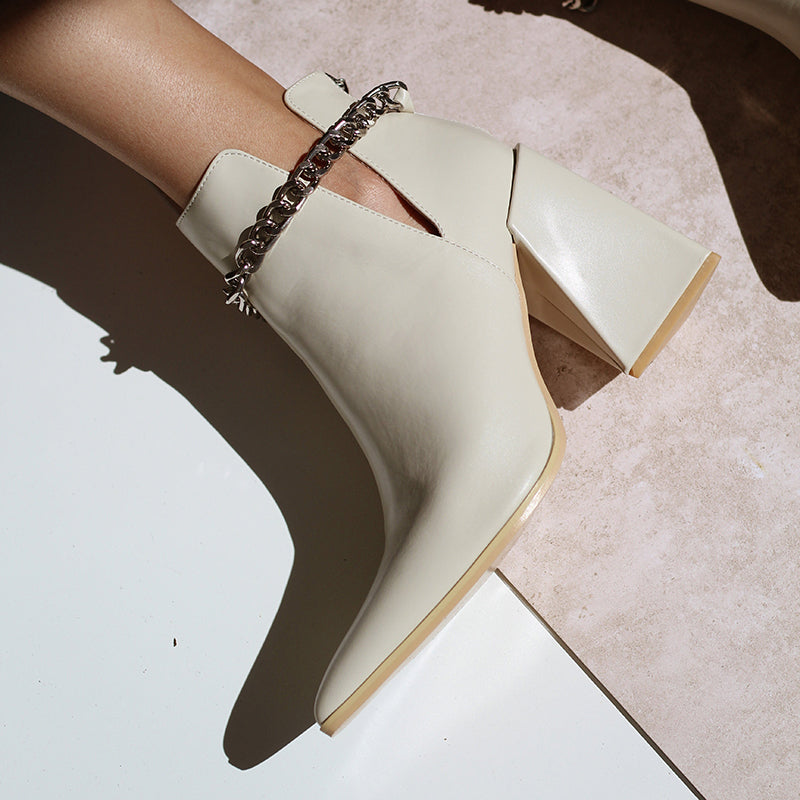 Women's White Classic Ankle Boots Chunky Heel Chain Cut Out Booties