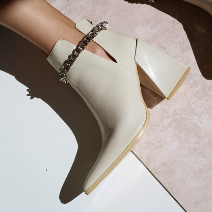 Women's White Classic Ankle Boots Chunky Heel Chain Cut Out Booties