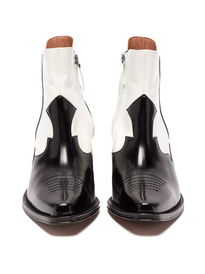 Black and White Snip Toe Zipper Block Heel Cowgirl Ankle Boots