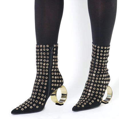 Black Faux Suede Pointed Toe 3'' Decorative Heel Studded Ankle Boots