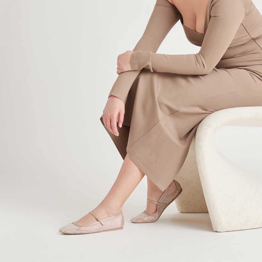 Champagne Rhinestone Embellished Mesh Square Toe Women's Dress Flats