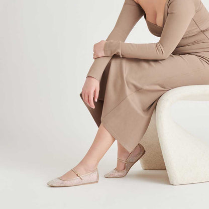 Champagne Rhinestone Embellished Mesh Square Toe Women's Dress Flats