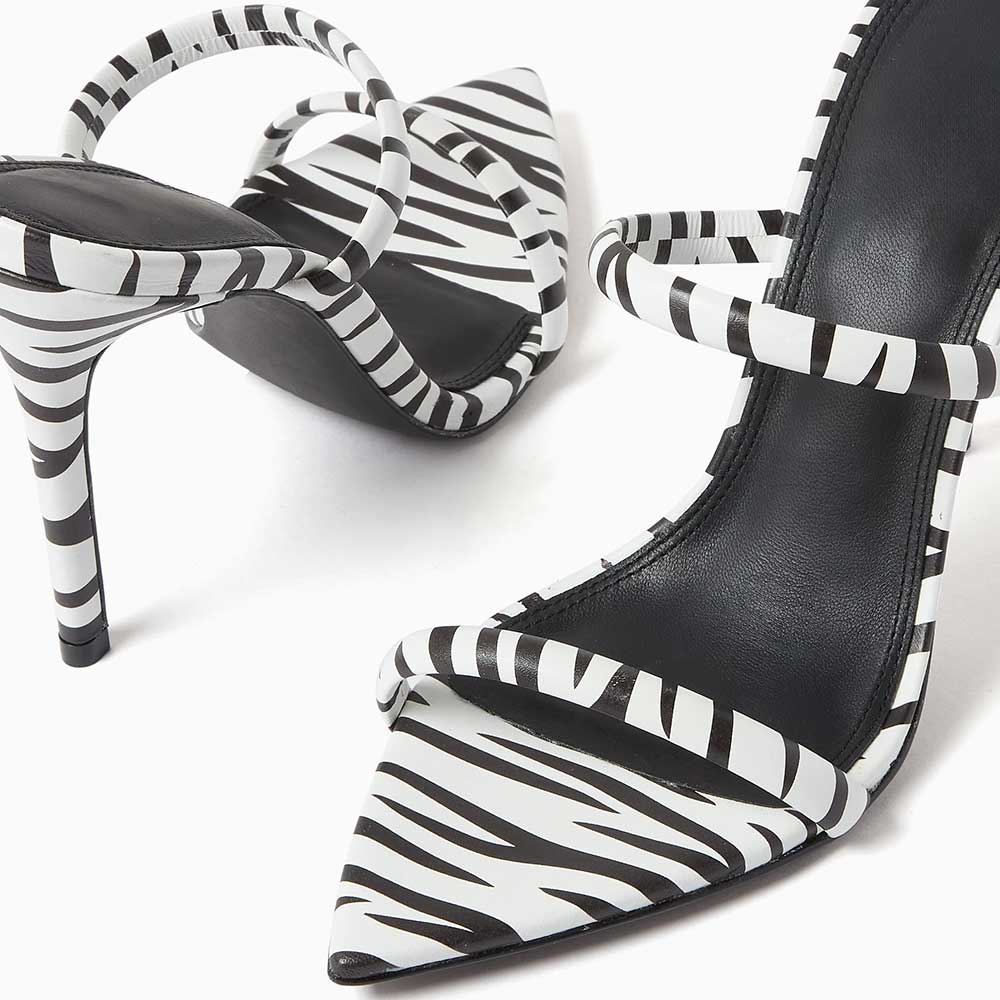 Black & White Zebra Print Pointy Toe Stiletto Heel Mules Sandals