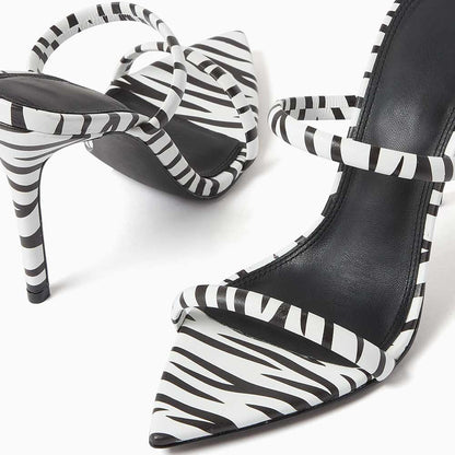 Black & White Zebra Print Pointy Toe Stiletto Heel Mules Sandals