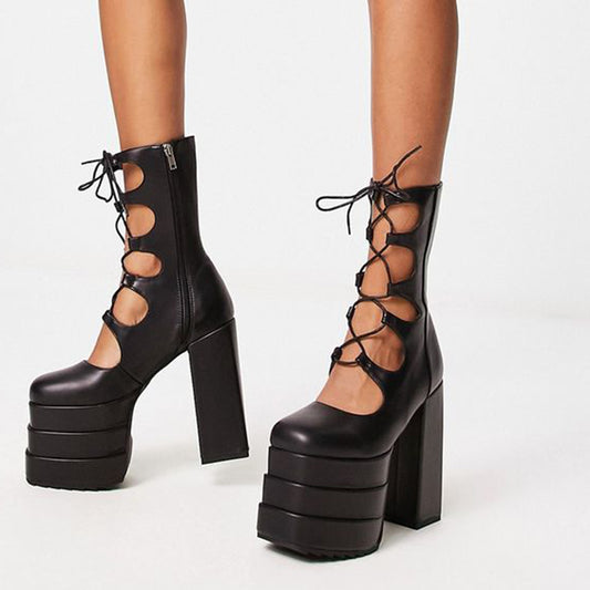 Black Square Toe Cut-Out Lace Up Platform Ankle Boots with Block Heel
