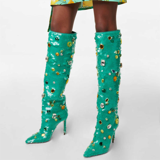 Turquoise Sequin Colorful Gem Decor Stiletto Heel Knee High Boots