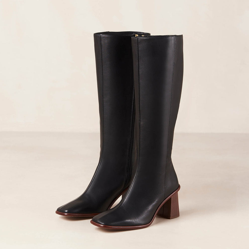 Black Vegan Leather Square Toe Chunky Heel Side-Zipper Knee High Boots