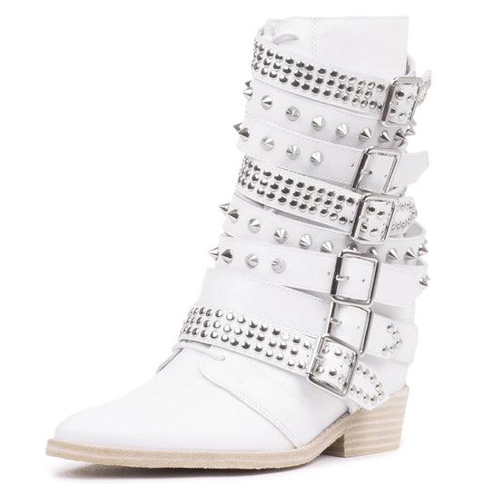 White Vintage Rivets Buckle Strap Low Heel Western Ankle boots