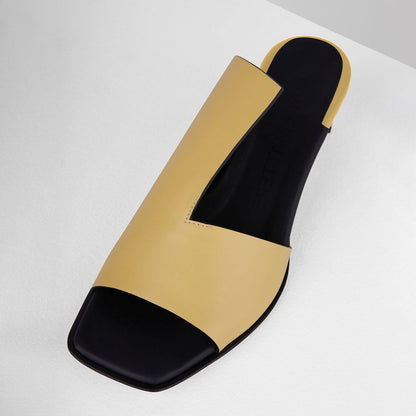 Yellow Open Square Toe Chunky Heel Mules Shoes with Asymmetric Vamp