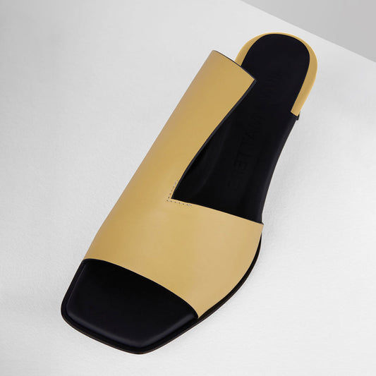 Yellow Open Square Toe Chunky Heel Mules Shoes with Asymmetric Vamp