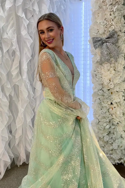 Sage Green V-Neck Long Sleeves Prom Dress