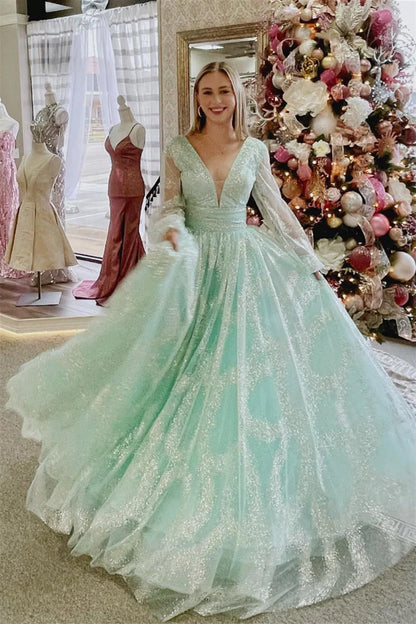 Sage Green V-Neck Long Sleeves Prom Dress