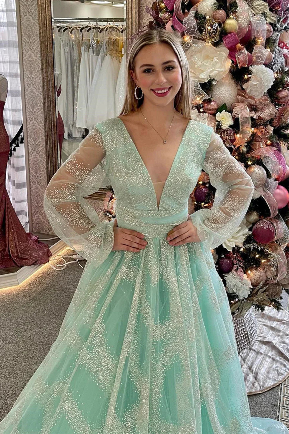 Sage Green V-Neck Long Sleeves Prom Dress