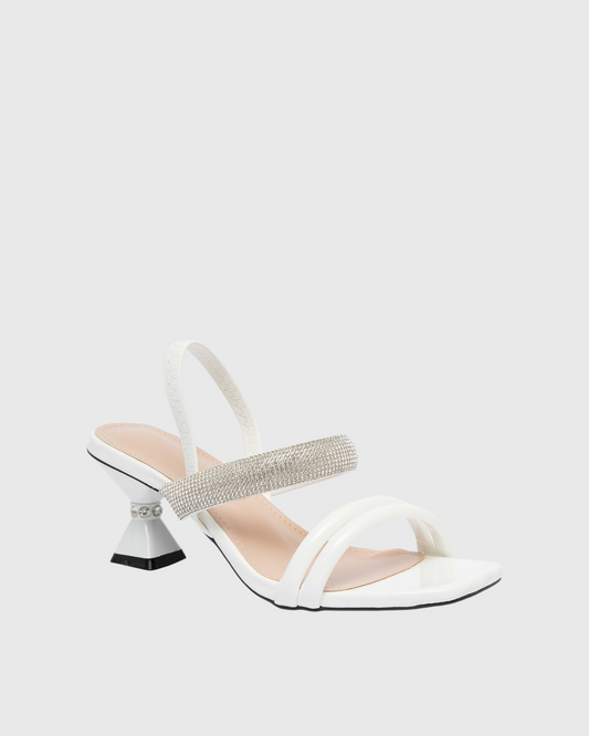Cahya Rhinestone Strap Flared Heels In White