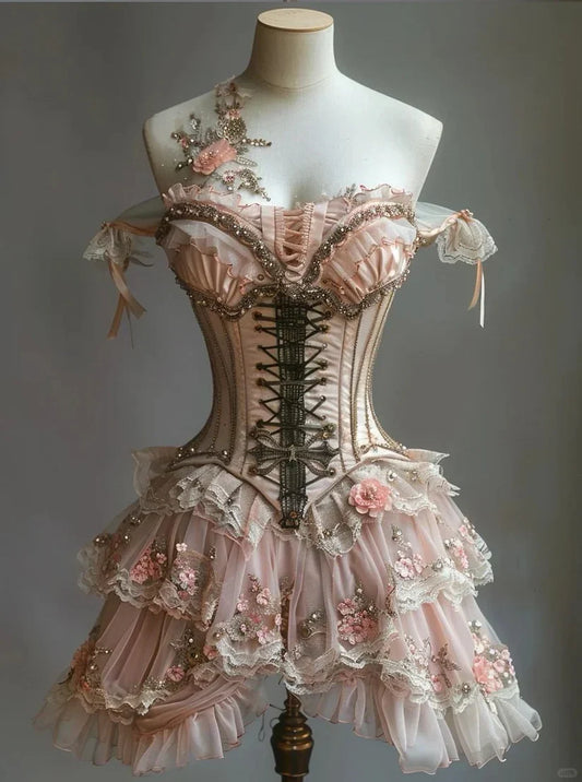 Vintage Floral Design Lolita Princess Dress A-line Beaded Chiffon Tiered Party Dress Homecoming Dress TP4084