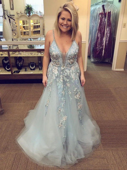 A-line V Neck Tulle Prom Dress With Floral Embroidery,WP129