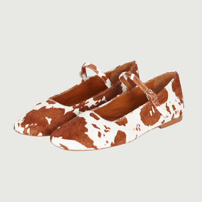 Brown & White Vegan Leather Square Toe Buckled Strappy Ballet Flats