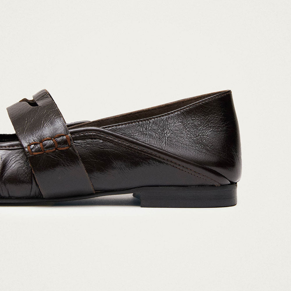 Dark Brown Strap Mary Jane Square Toe Ballet Flats for Women