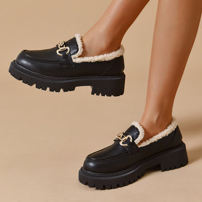 Black Lug Sole Shearling-Trimmed Horsebit Chunky Loafers for Women