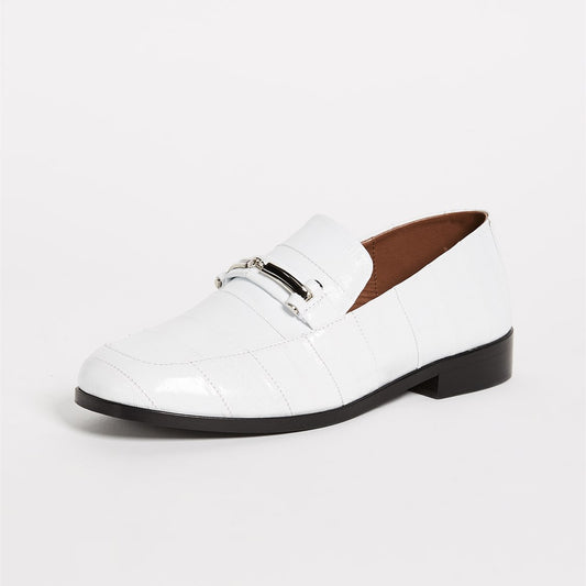 White Joint Round Toe Flat Horsebit Loafers