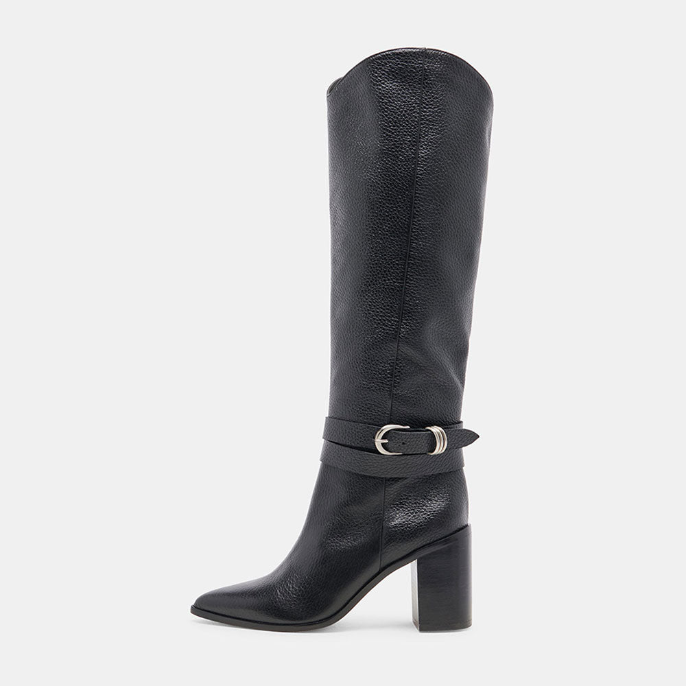 Black Buckle Strap Pointed Toe Block Heel Knee High Boots with Zipper
