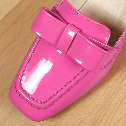 Pink Patent Leather Square Toe Chunky Heel Loafers with Bow