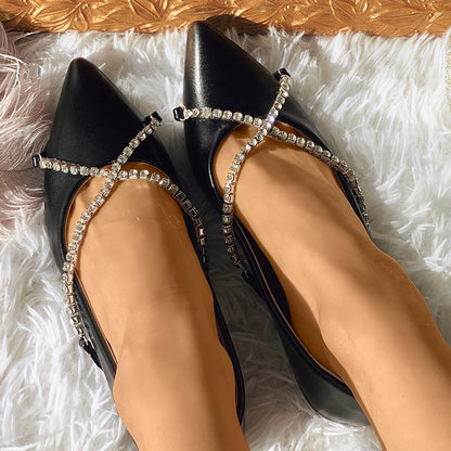 Women's All Black Shoes Rhinestone Crisscross Straps Pointed Toe Flats