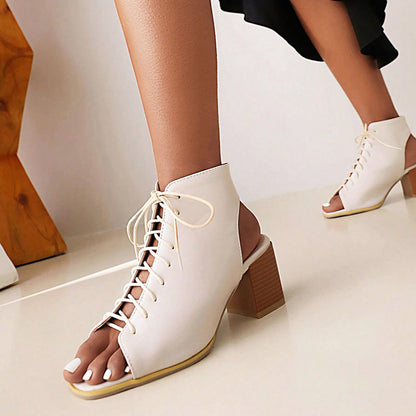 White Square Toe Chunky Heel Lace Up Ankle Boots