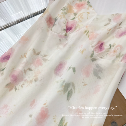 Vintage Fashion Chiffon Floral Printed Design A-line Beach Holiday Vest Dress TP3387