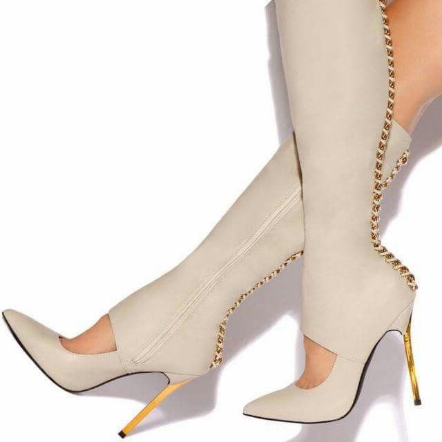 Women's Fashion Cut Out Pointed Toe Chains Knee High Boots in Beige