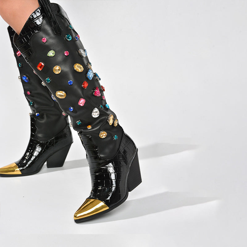 Black Pointed Toe Chunky Heel Knee High Boots with Multicolor Crystal