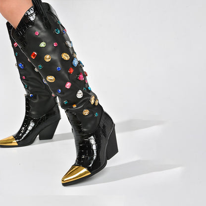 Black Pointed Toe Chunky Heel Knee High Boots with Multicolor Crystal