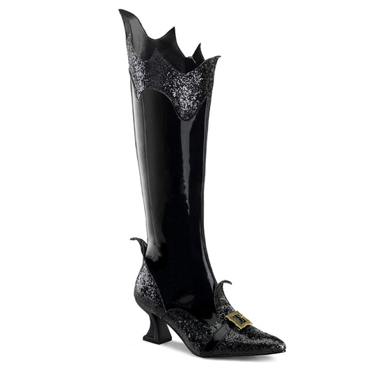 Black Glitter Witch Costumes Halloween Spool Heel Mid-Calf Boots