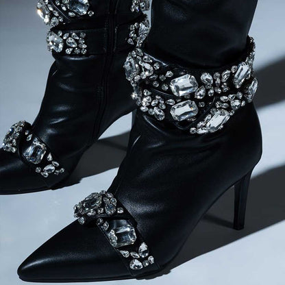 FSJ Black Pointed Toe Stiletto Mid Calf Boots with Crystal Band