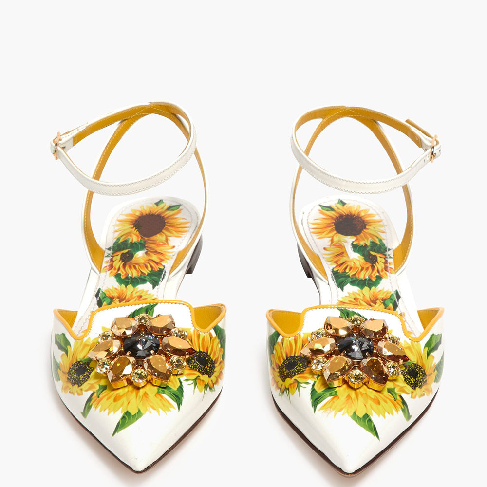 White Floral Print Ankle Strap Crystal Decor Flats