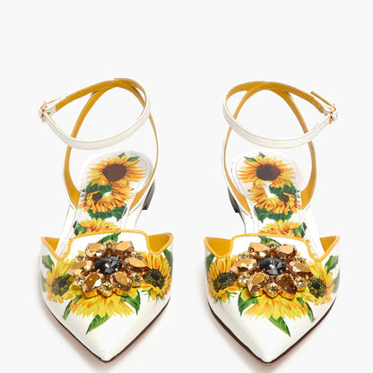 White Floral Print Ankle Strap Crystal Decor Flats