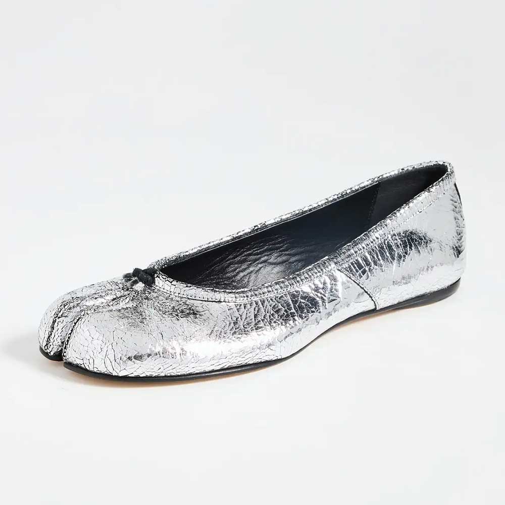 Silver Crinkled Metallic Split Round Toe Flats with Decorative Knot