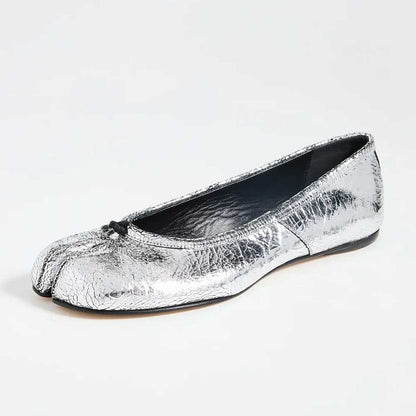 Silver Crinkled Metallic Split Round Toe Flats with Decorative Knot